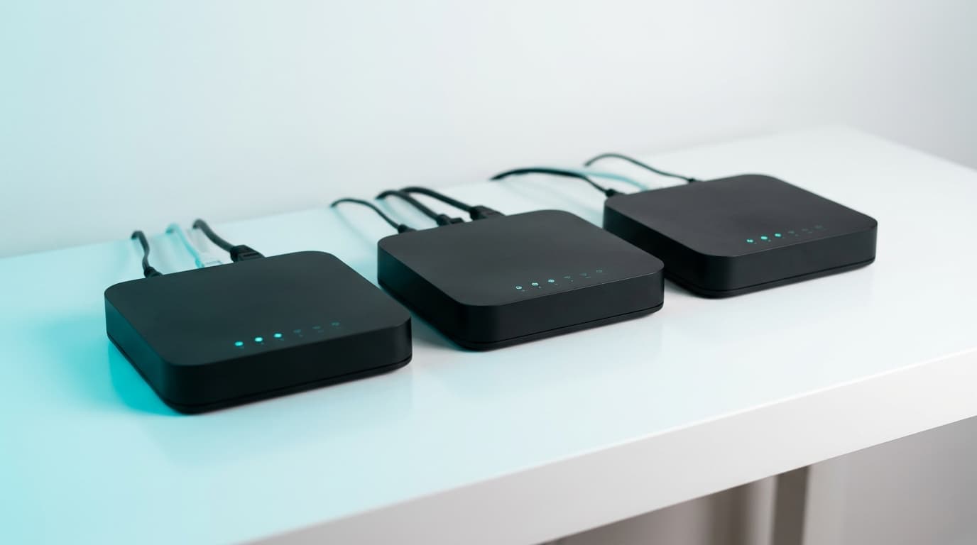 Trois box internet côte à côte sur une table blanche, lumière studio épurée