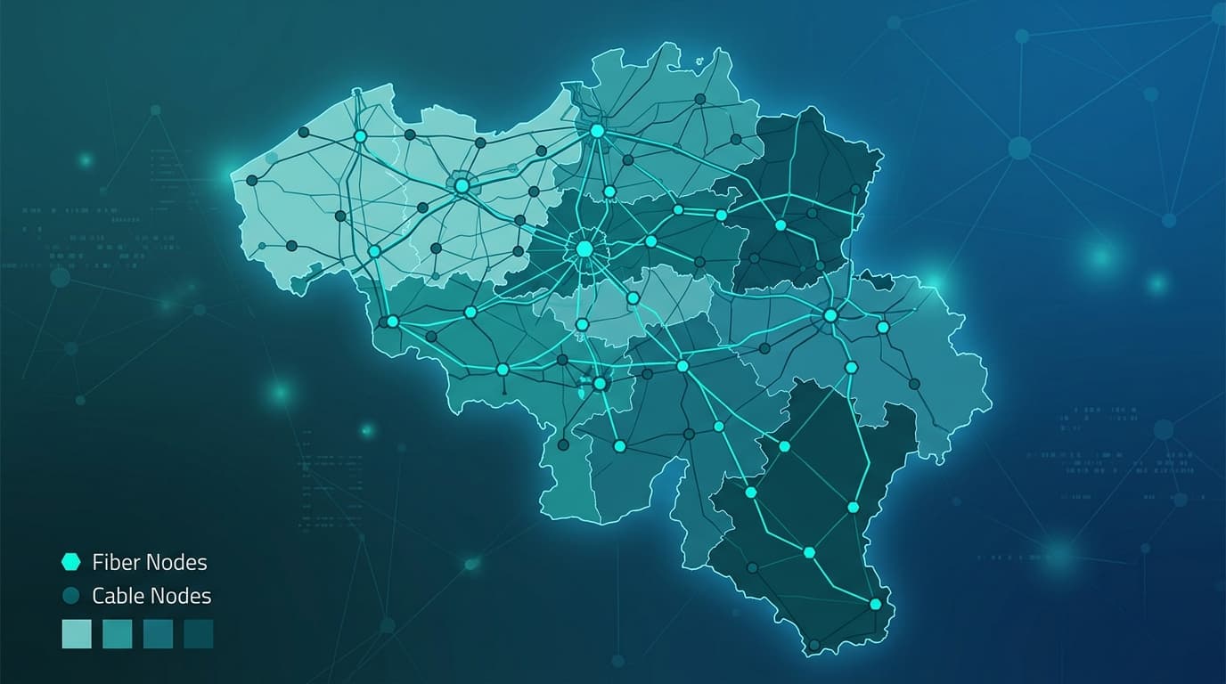 Carte de la Belgique avec zones de couverture câble, fibre et VDSL