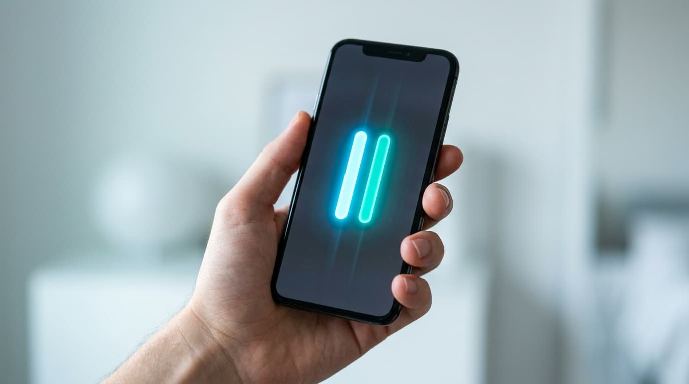Hand holding a smartphone with two active line indicators, dual-SIM concept, blue-teal tones