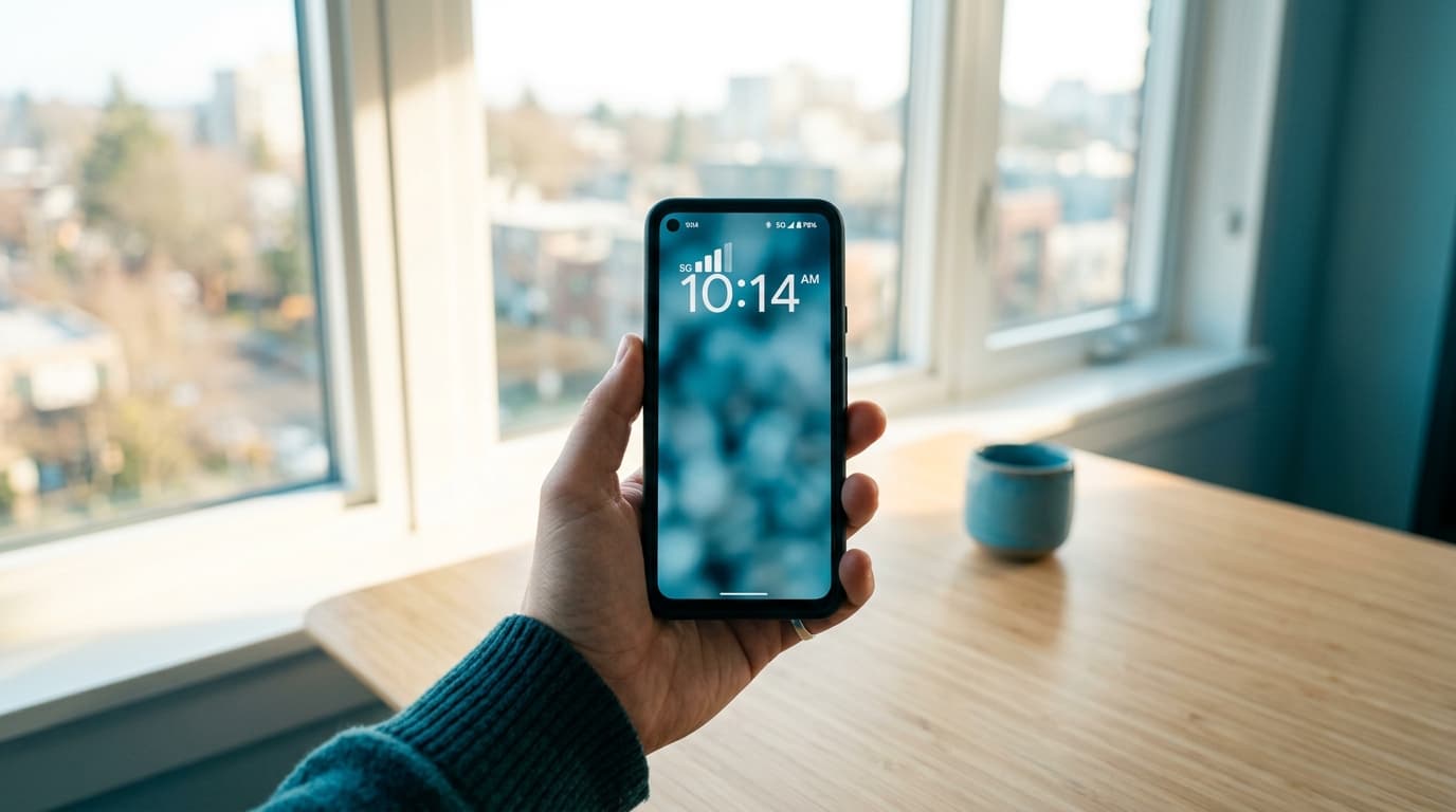 Hand holding a smartphone showing signal bars near a window, blue-teal tones