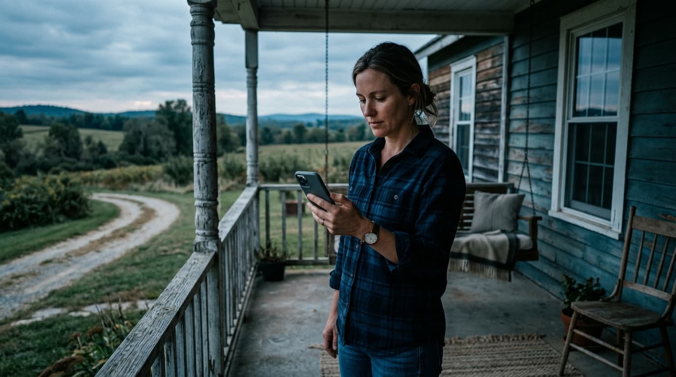 Person checking signal bars on a smartphone in front of a farmhouse, blue-teal tones