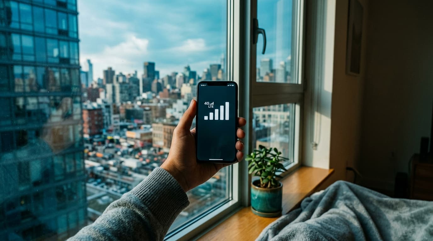 Smartphone showing full signal bars near an apartment window, blue-teal tones