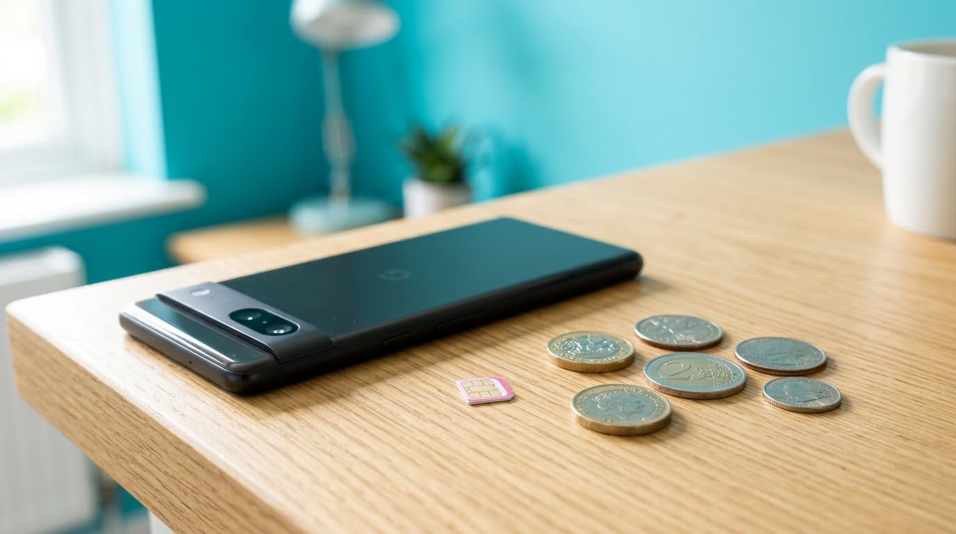 Carte SIM et smartphone sur un bureau clair avec des pièces, fond teal
