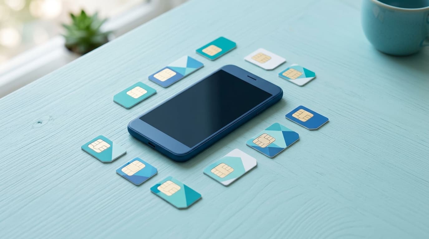 Several SIM cards and a smartphone on a light desk