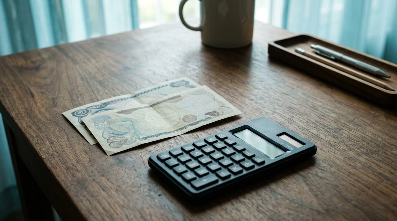 Two telecom invoices side by side with a calculator, blue-teal background