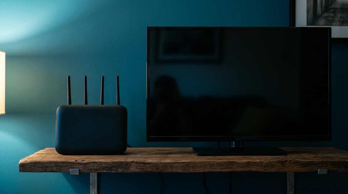 An unbranded internet router beside a switched-off television screen on a wood shelf