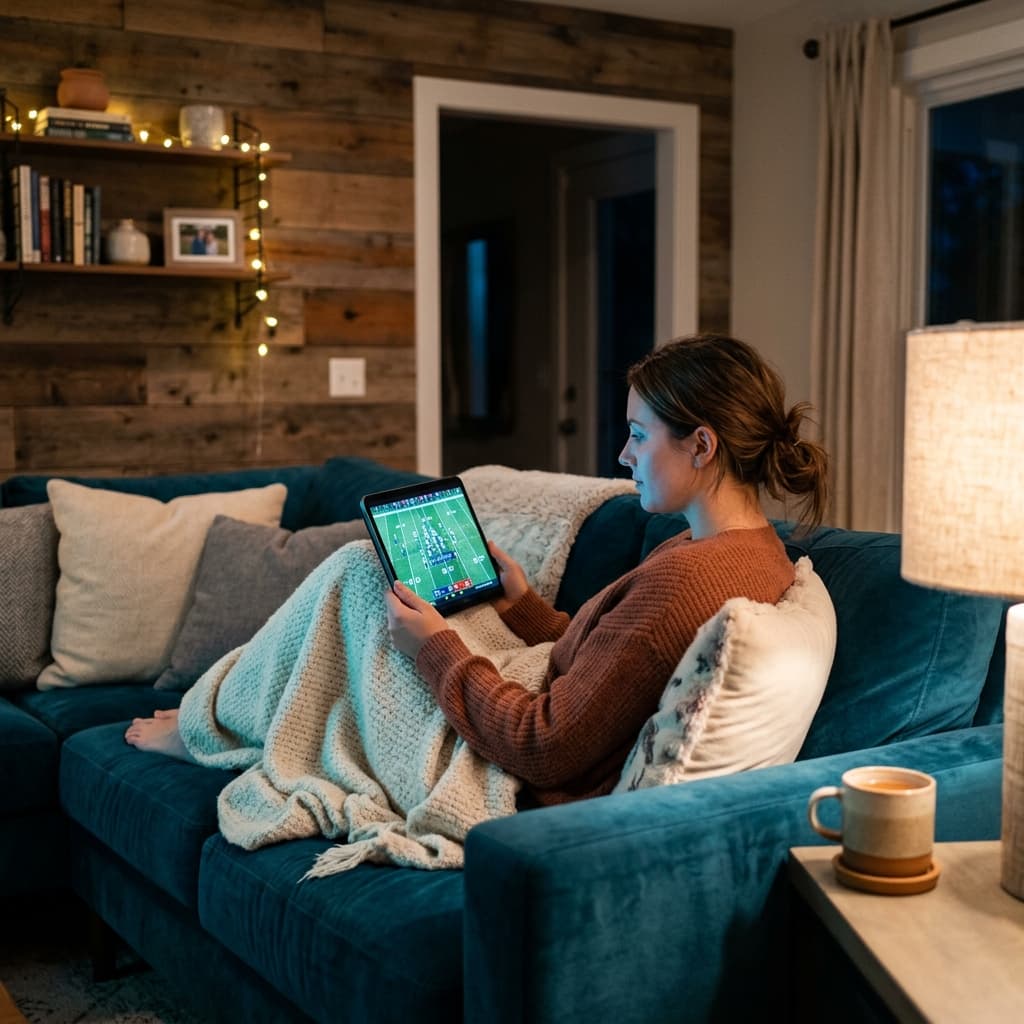 Person watching the 2026 World Cup on a tablet from the sofa, warm evening atmosphere