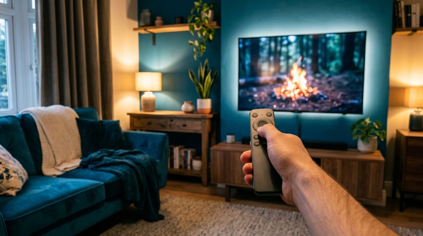 Une main tient une télécommande sans marque dirigée vers un écran fixé au mur dans un salon