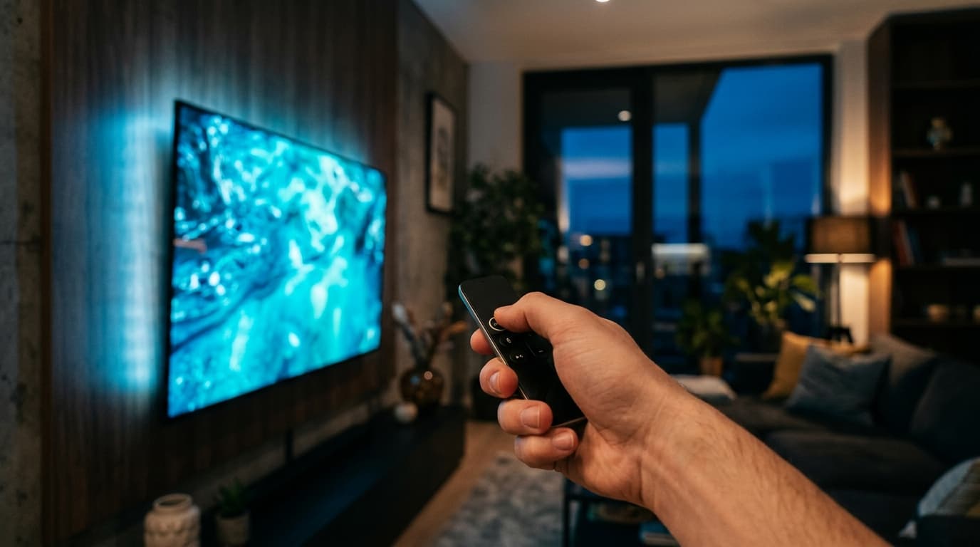 A hand holds a remote pointed at a glowing wall-mounted screen, blue-teal tones, living room at night
